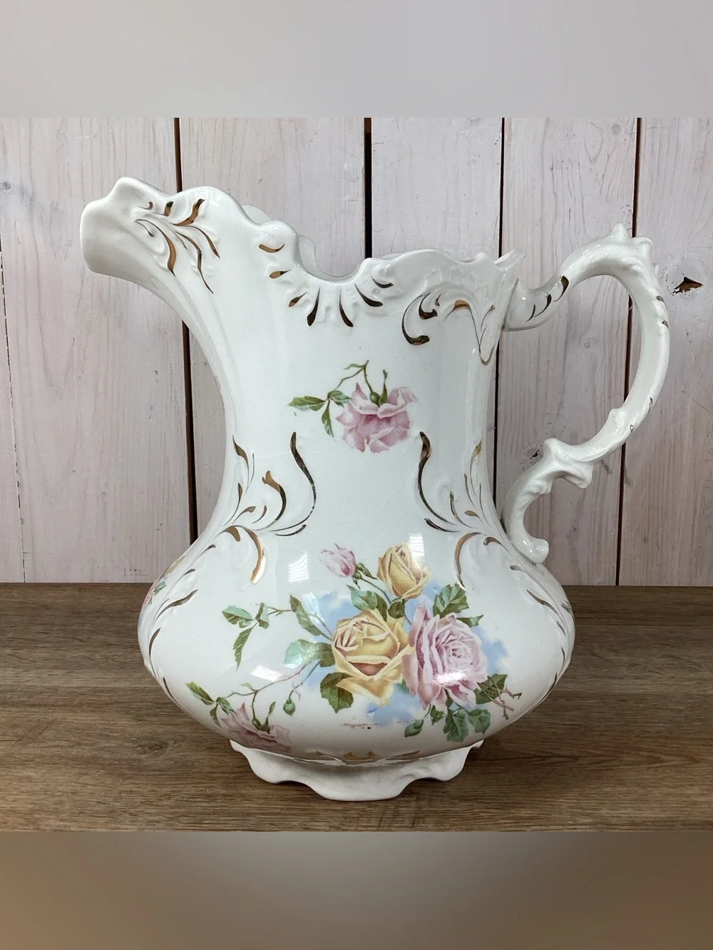 Antique WC Co Semi Porcelain 11” Pitcher Pink & Yellow Roses Gold Leafing Emboss